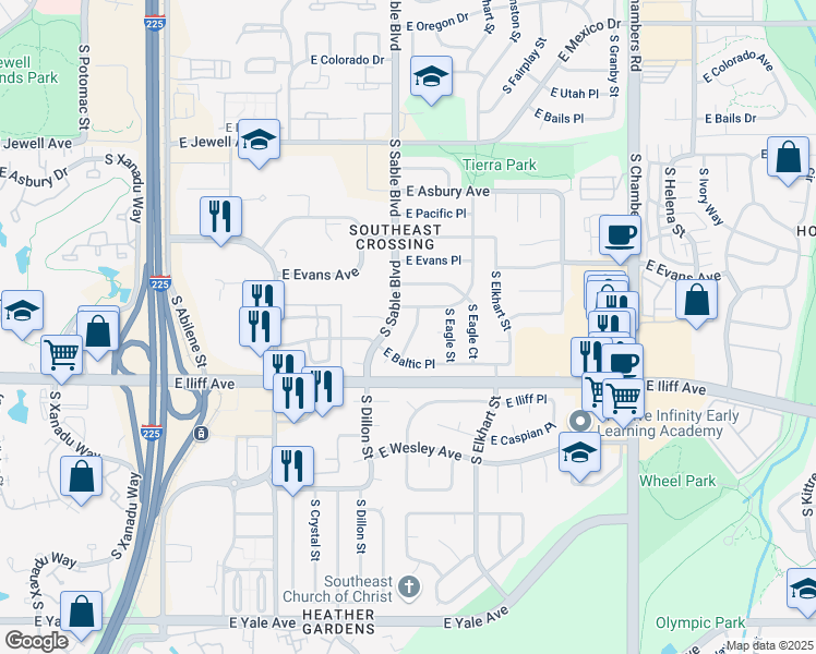 map of restaurants, bars, coffee shops, grocery stores, and more near 2221 South Dearborn Street in Aurora