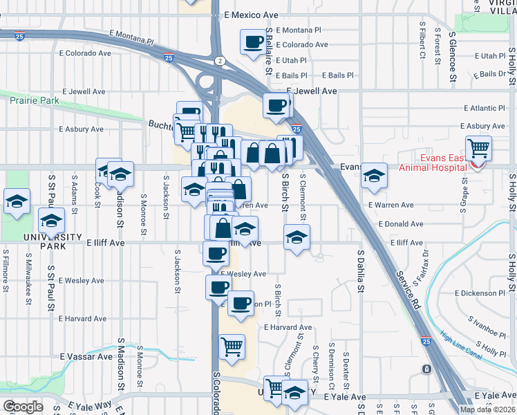 map of restaurants, bars, coffee shops, grocery stores, and more near 4120 East Warren Avenue in Denver