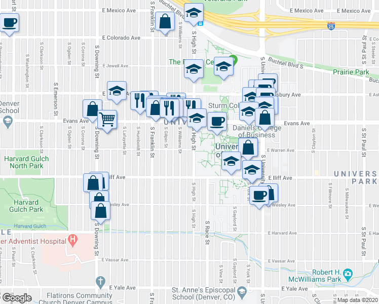 map of restaurants, bars, coffee shops, grocery stores, and more near 2201 South High Street in Denver