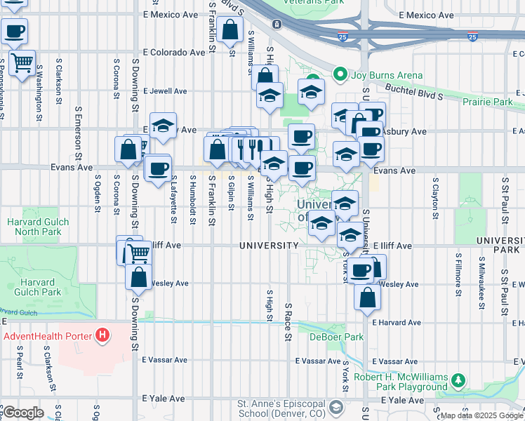 map of restaurants, bars, coffee shops, grocery stores, and more near 2201 South High Street in Denver