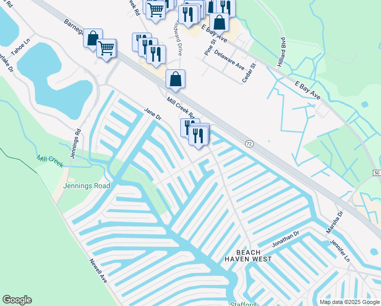 map of restaurants, bars, coffee shops, grocery stores, and more near 890 Jane Drive in Stafford Township