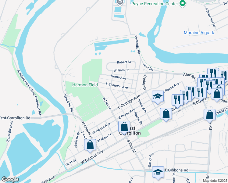 map of restaurants, bars, coffee shops, grocery stores, and more near 410 North Locust Street in West Carrollton