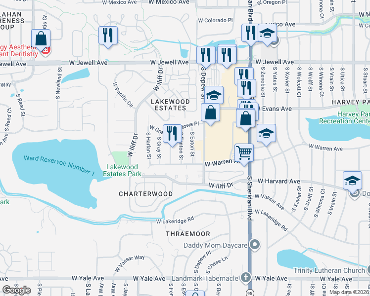 map of restaurants, bars, coffee shops, grocery stores, and more near 2164 South Fenton Street in Denver