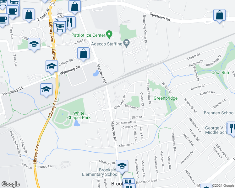 map of restaurants, bars, coffee shops, grocery stores, and more near 13 Kimberton Drive in Newark