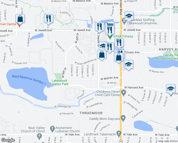 map of restaurants, bars, coffee shops, grocery stores, and more near 2164 South Fenton Street in Denver
