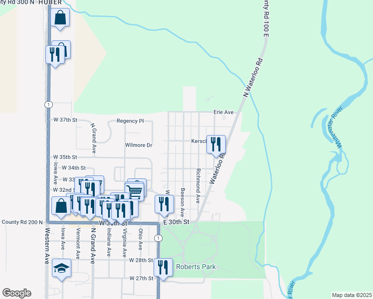 map of restaurants, bars, coffee shops, grocery stores, and more near 3220 Beeson Avenue in Connersville