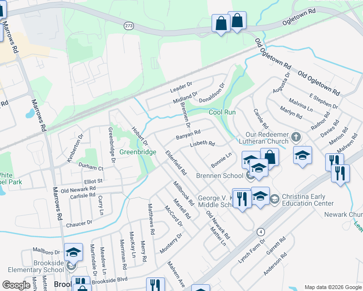 map of restaurants, bars, coffee shops, grocery stores, and more near 509 Lisbeth Road in Newark