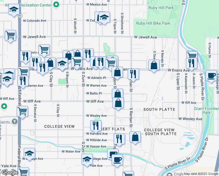 map of restaurants, bars, coffee shops, grocery stores, and more near 2030 West Warren Avenue in Englewood