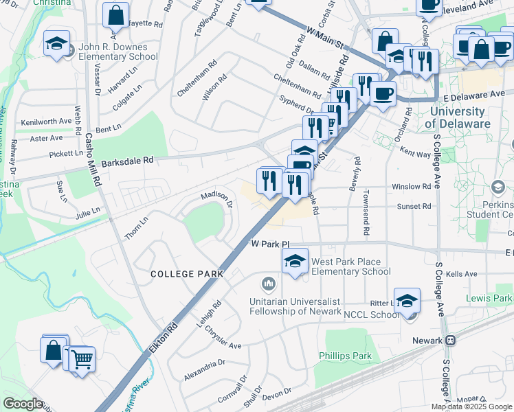 map of restaurants, bars, coffee shops, grocery stores, and more near 260 South Main Street in Newark