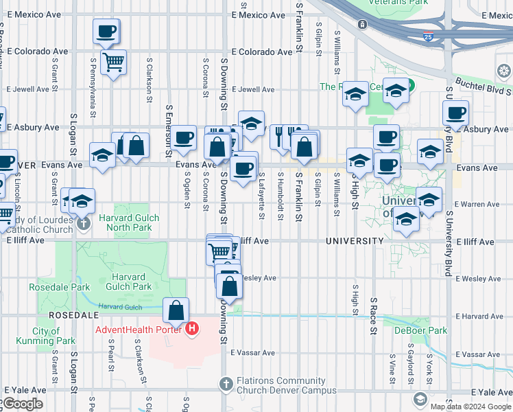 map of restaurants, bars, coffee shops, grocery stores, and more near 2201 South Lafayette Street in Denver