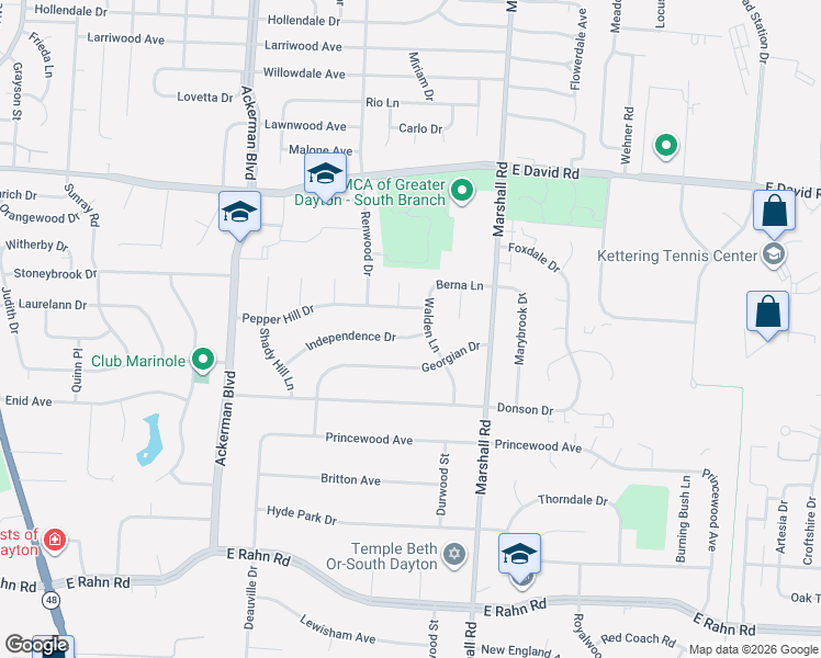 map of restaurants, bars, coffee shops, grocery stores, and more near 1109 Independence Dr in Dayton