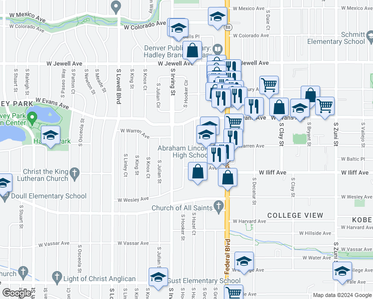 map of restaurants, bars, coffee shops, grocery stores, and more near 2230 South Hooker Way in Denver