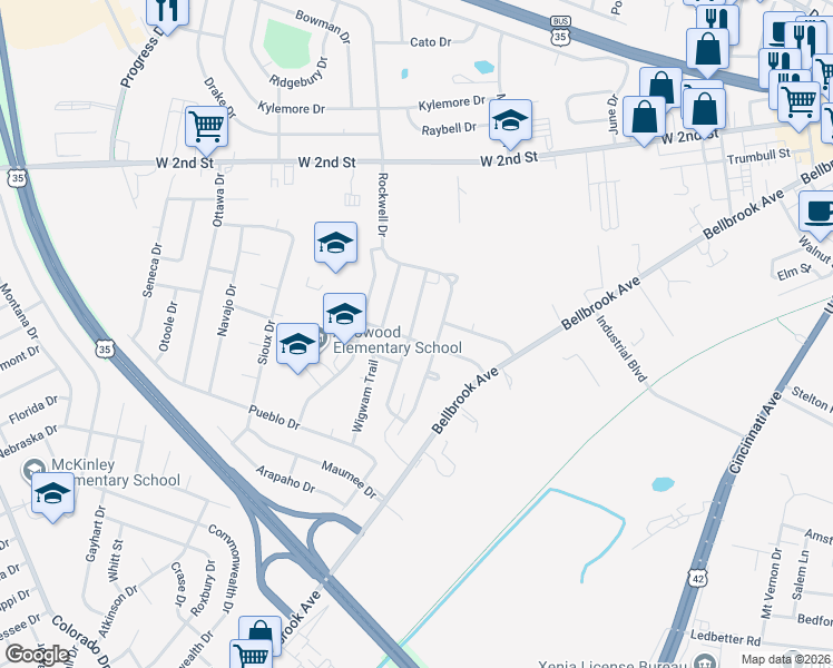 map of restaurants, bars, coffee shops, grocery stores, and more near 1490 Arrowhead Trail in Xenia