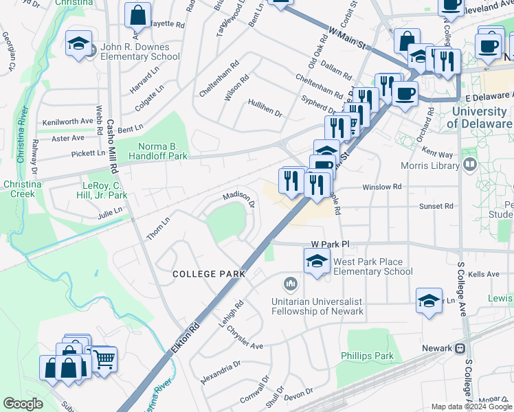 map of restaurants, bars, coffee shops, grocery stores, and more near 69 Madison Drive in Newark