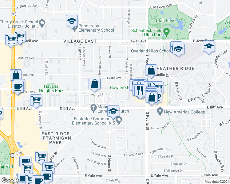 map of restaurants, bars, coffee shops, grocery stores, and more near 2209 South Oakland Way in Aurora