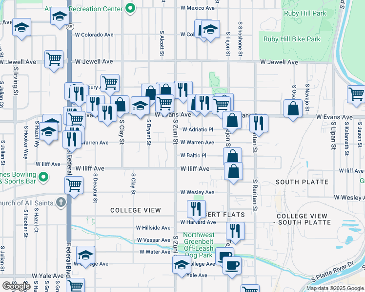 map of restaurants, bars, coffee shops, grocery stores, and more near 2350 West Warren Avenue in Englewood
