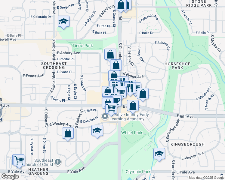 map of restaurants, bars, coffee shops, grocery stores, and more near 2193 South Chambers Road in Aurora