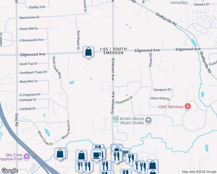 map of restaurants, bars, coffee shops, grocery stores, and more near 6240 South Emerson Avenue in Indianapolis