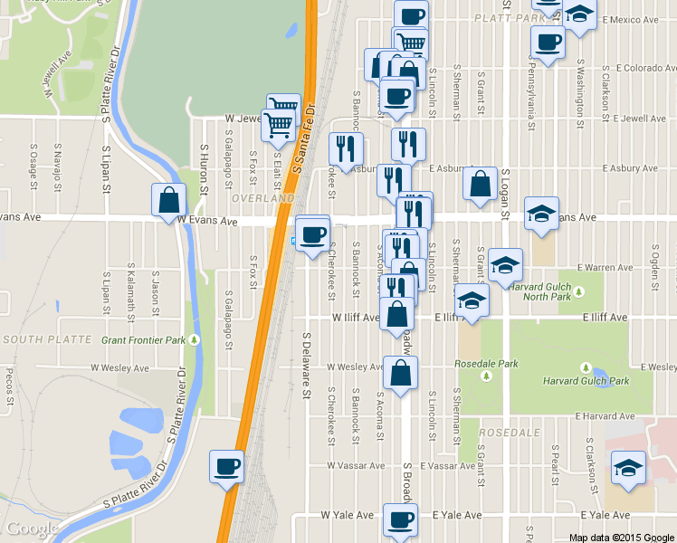 map of restaurants, bars, coffee shops, grocery stores, and more near 2200 South Cherokee Street in Denver