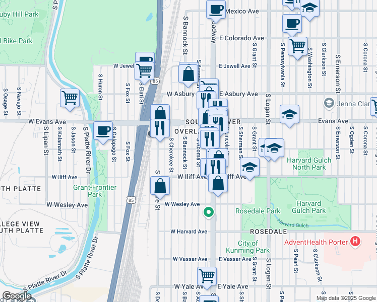 map of restaurants, bars, coffee shops, grocery stores, and more near 2200 South Bannock Street in Denver