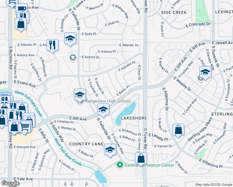 map of restaurants, bars, coffee shops, grocery stores, and more near 2245 South Waco Street in Aurora
