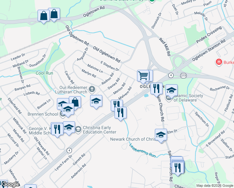 map of restaurants, bars, coffee shops, grocery stores, and more near 21 Merion Road in Newark