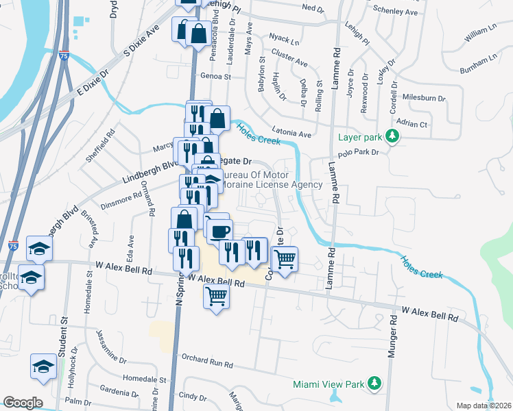 map of restaurants, bars, coffee shops, grocery stores, and more near 5281 Cobblegate Drive in Moraine