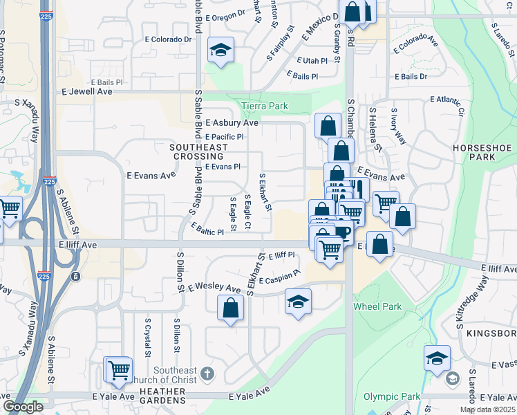 map of restaurants, bars, coffee shops, grocery stores, and more near 2185 S Elkhart St in Aurora