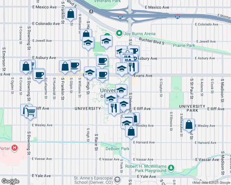 map of restaurants, bars, coffee shops, grocery stores, and more near 2199 South University Boulevard in Denver