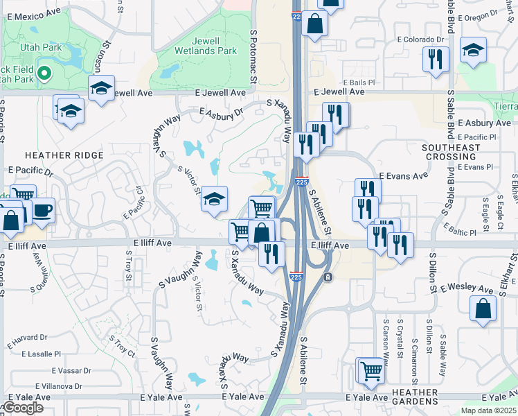 map of restaurants, bars, coffee shops, grocery stores, and more near 2175-2195 South Xanadu Way in Aurora