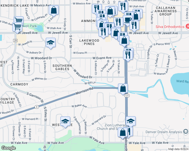 map of restaurants, bars, coffee shops, grocery stores, and more near 2191 South Allison Court in Lakewood