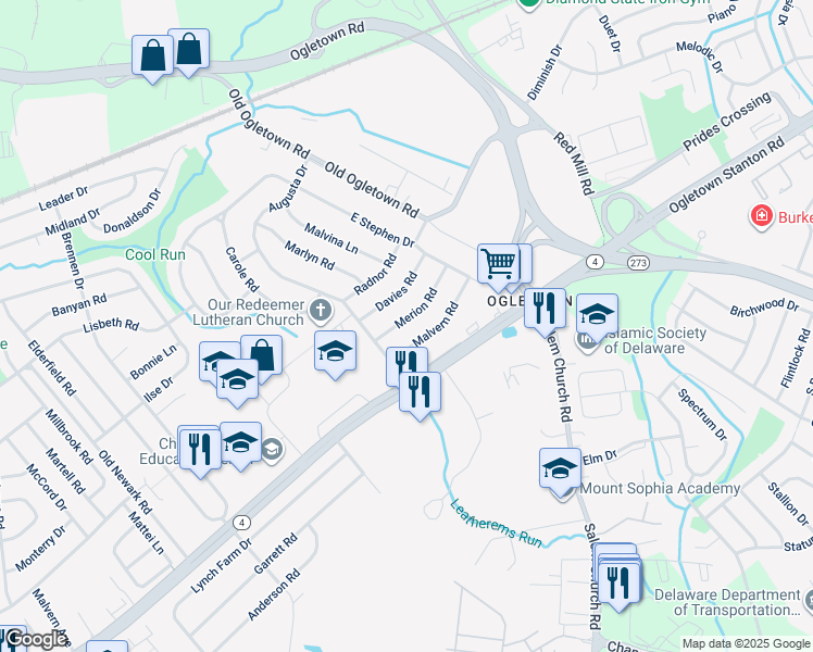 map of restaurants, bars, coffee shops, grocery stores, and more near 21 Merion Road in Newark