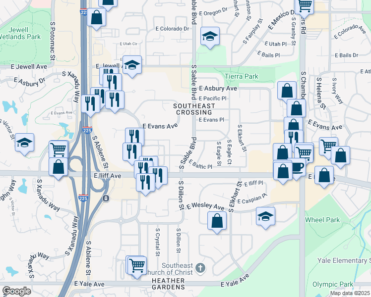 map of restaurants, bars, coffee shops, grocery stores, and more near 14476 E Warren Pl in Aurora