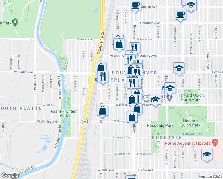 map of restaurants, bars, coffee shops, grocery stores, and more near 2200 South Cherokee Street in Denver