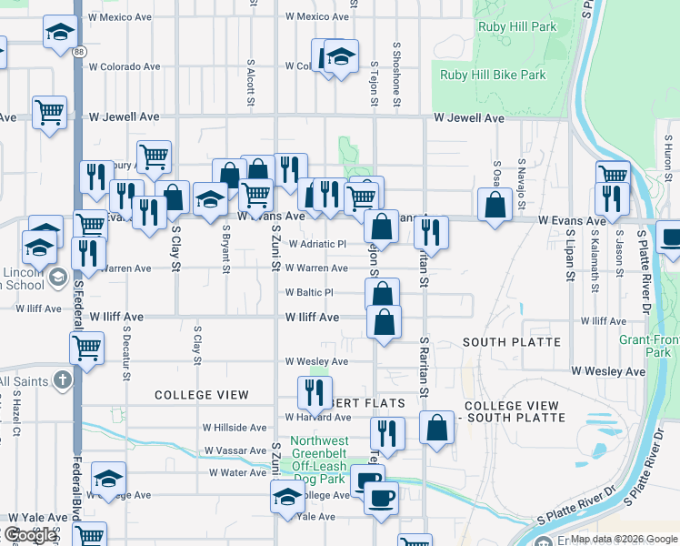 map of restaurants, bars, coffee shops, grocery stores, and more near 2030 West Warren Avenue in Englewood