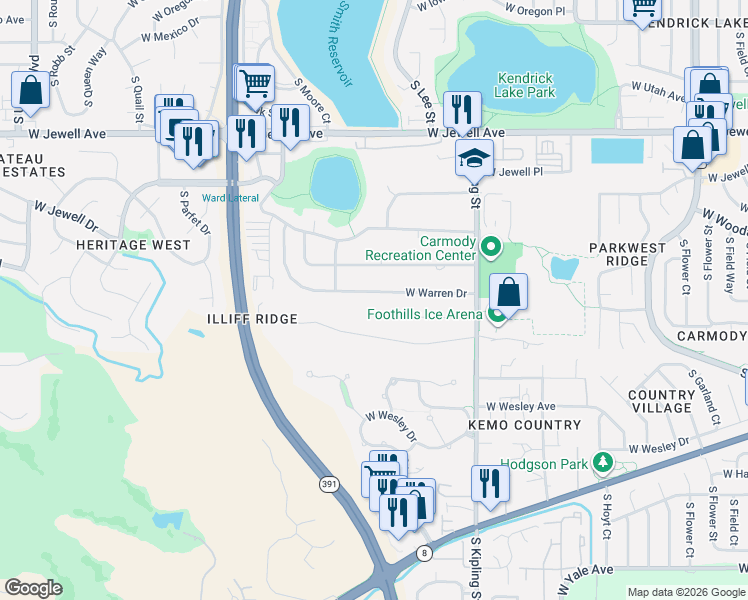 map of restaurants, bars, coffee shops, grocery stores, and more near 10400 West Warren Drive in Lakewood