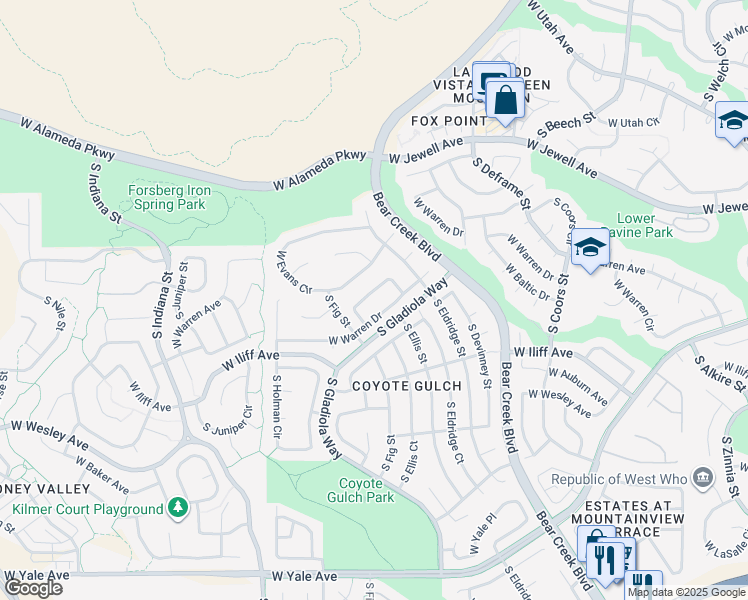 map of restaurants, bars, coffee shops, grocery stores, and more near 14157 West Warren Drive in Lakewood