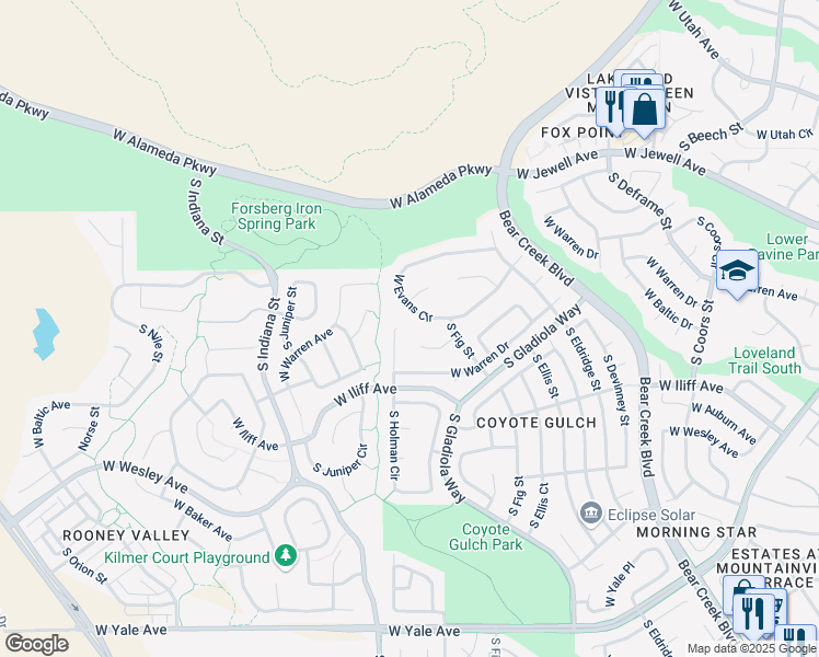 map of restaurants, bars, coffee shops, grocery stores, and more near 2282 South Holman Circle in Lakewood