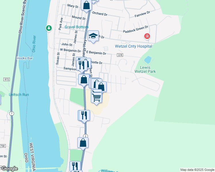 map of restaurants, bars, coffee shops, grocery stores, and more near 25 AAA Trailer Court in New Martinsville
