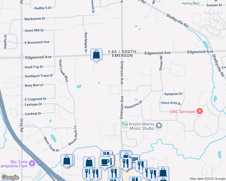 map of restaurants, bars, coffee shops, grocery stores, and more near 6239 Amber Creek Lane in Indianapolis