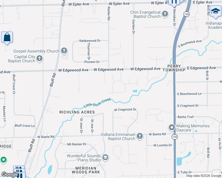 map of restaurants, bars, coffee shops, grocery stores, and more near 6134 Creekbend Boulevard in Indianapolis