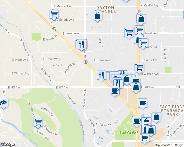 map of restaurants, bars, coffee shops, grocery stores, and more near 2224-2274 S Emporia St in Denver