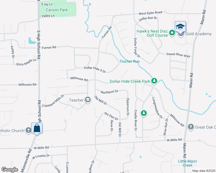 map of restaurants, bars, coffee shops, grocery stores, and more near 5605 Milhouse Road in Indianapolis