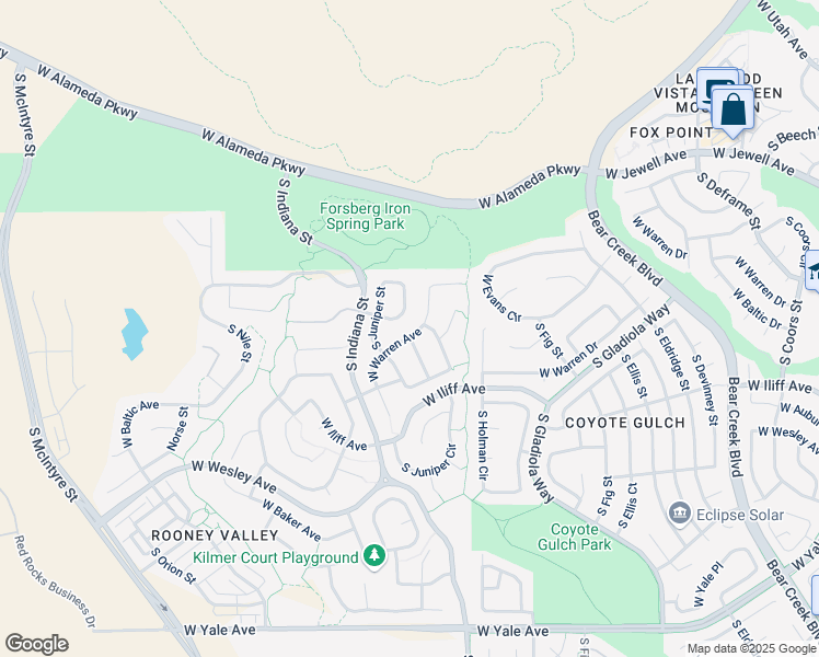 map of restaurants, bars, coffee shops, grocery stores, and more near 14955 West Warren Avenue in Denver