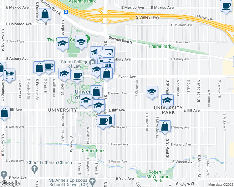 map of restaurants, bars, coffee shops, grocery stores, and more near 2410 E Warren Ave in Denver