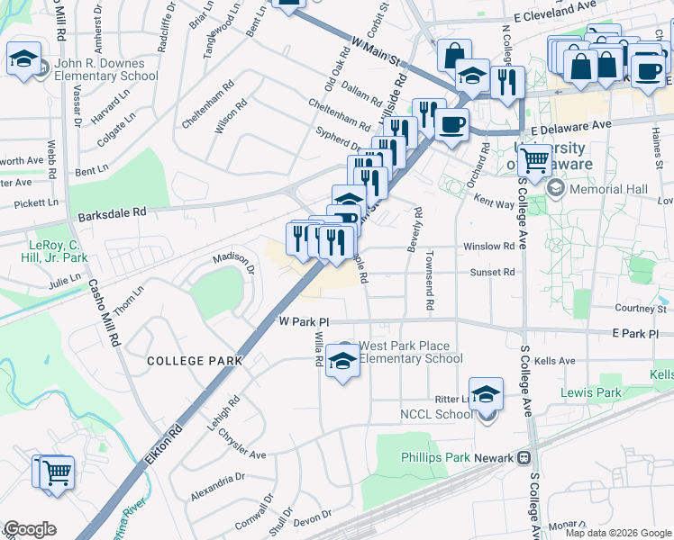 map of restaurants, bars, coffee shops, grocery stores, and more near 257 South Main Street in Newark