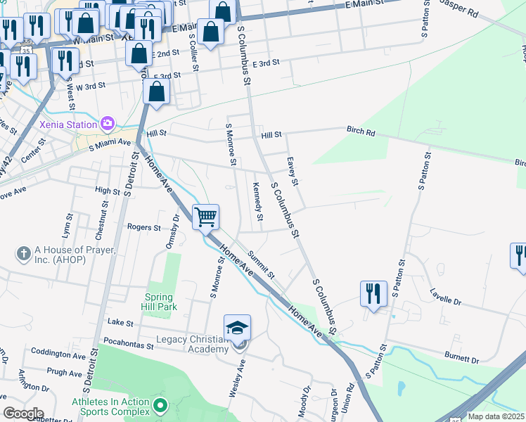 map of restaurants, bars, coffee shops, grocery stores, and more near 665 Kennedy Street in Xenia