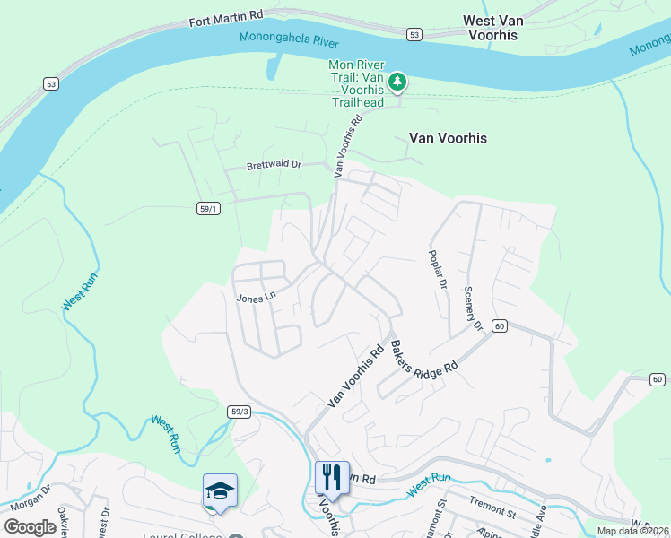 map of restaurants, bars, coffee shops, grocery stores, and more near 1693 Van Voorhis Road in Morgantown