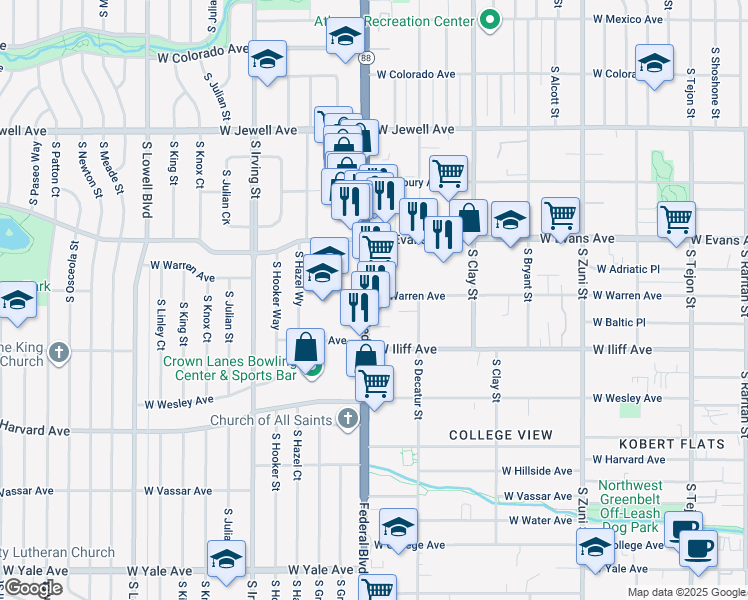 map of restaurants, bars, coffee shops, grocery stores, and more near 2888 West Warren Avenue in Denver