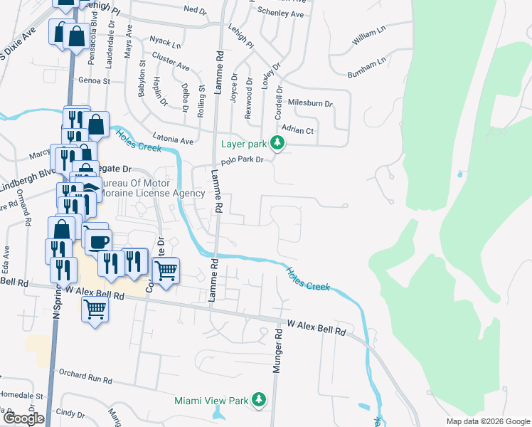 map of restaurants, bars, coffee shops, grocery stores, and more near 5301 Mallet Club Drive in Dayton